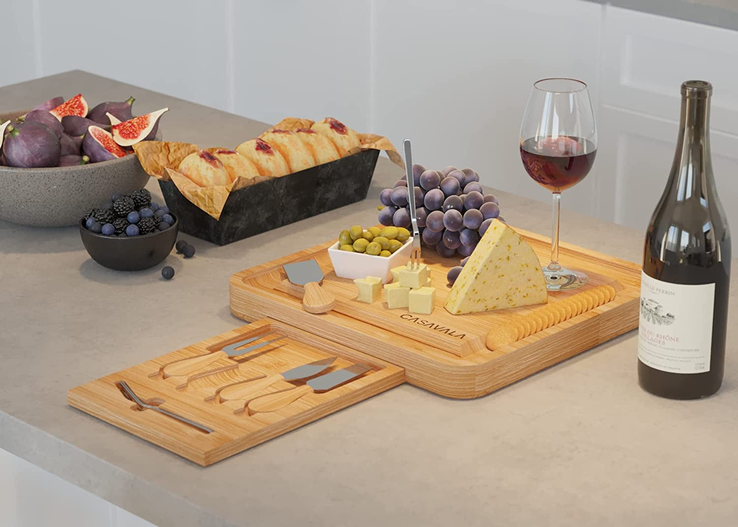 Bamboo Cheese Board Set - Includes 4 Cheese Knives & 10 Cheese Forks- Charcuterie Board Set, Fruit, Cured Meat Serving Platter with Drawer- Ideal for Parties & Events