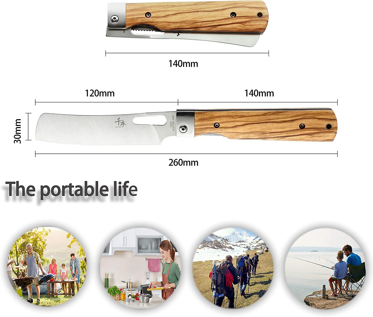 440A Stainless Steel Ultra Sharp Pocket Folding Chef Knife Peeling Utility Knife Fruit Knife Natural Olive Handle Camping BBQ Trip Outdoor Portable Kitchen Knife