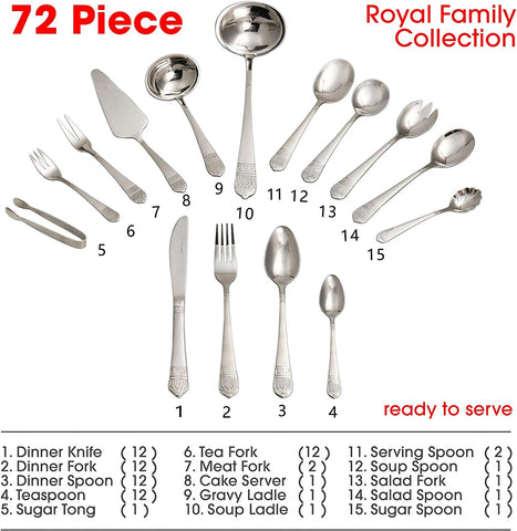 Image of Royal Family Collection 72 Piece Fine Flatware Silverware Set with Gift Carrying Case, Elegant Design, Serves Parties 12 People, Perfect Housewarming Graduation for Loved Ones, Gold