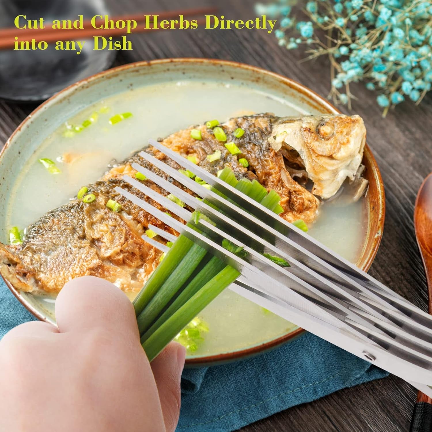 Scissors Herb, Sharp Heavy Scissors for Cutting, Chopping and Cooking Fresh Garden Herbs, 5 Stainless Steel Blades and Stripper, Vanilla Cutter Chopper Garden Kitchen Gadgets