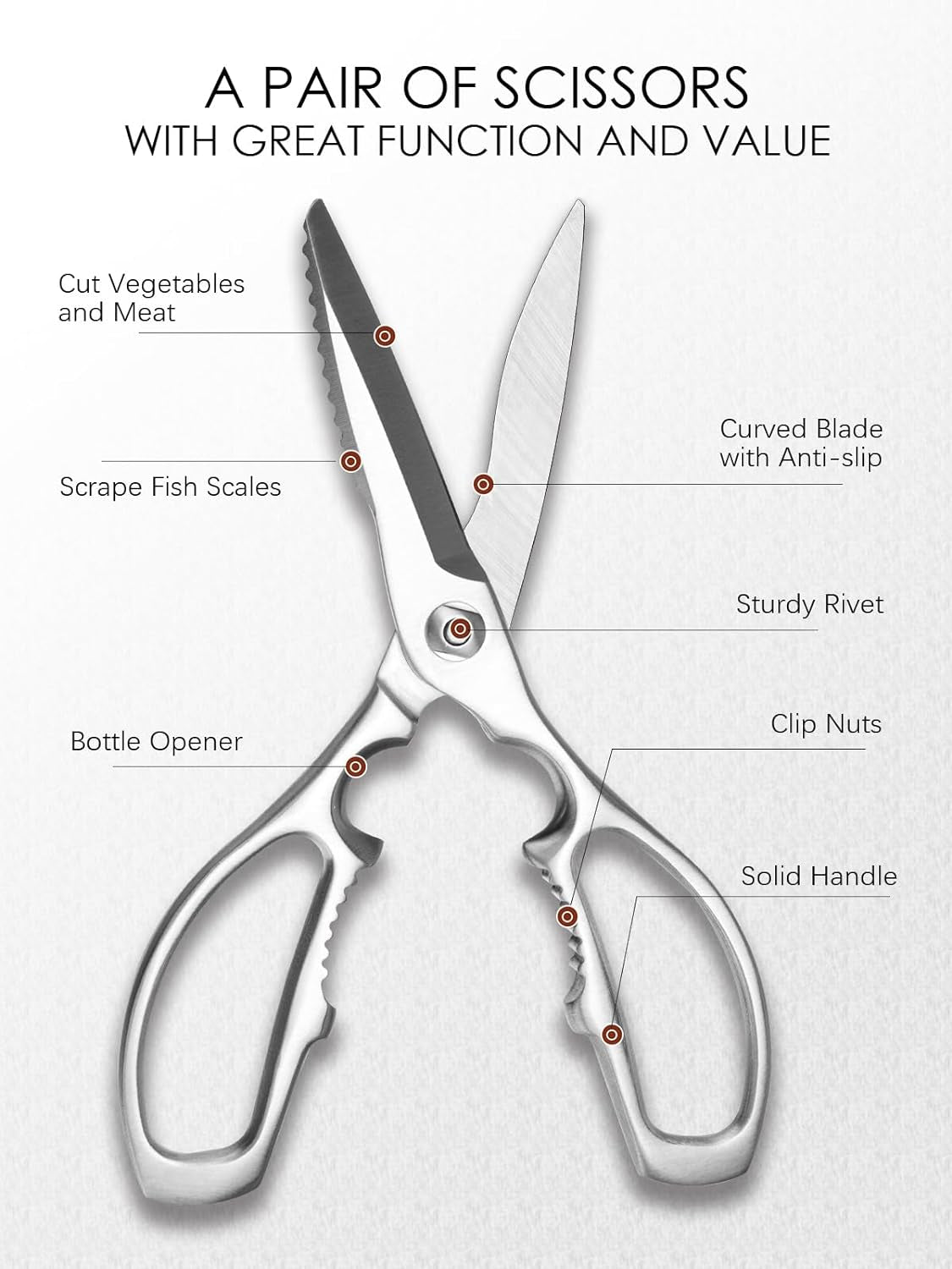 Kitchen Shears Heavy Duty, All-Steel Forged Multi-Function Kitchen Scissors,Sharp Cooking Shears for Meat/Vegetables/Fish/Nuts,Dishwasher Safe, 3CR14 High Carbon Steel,5-Year Warranty