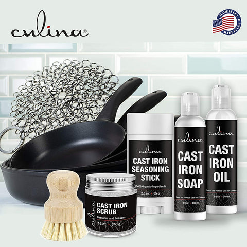 Image of Culina Cast Iron Soap & stick & Conditioning Oil & Stainless Scrubber &Restoring Scrub & brush | All Natural Ingredients | Best for Cleaning, Non-stick Cooking & Restoring | for Cast Iron Cookware - LivanaNatural 