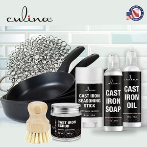 Culina Cast Iron Soap & stick & Conditioning Oil & Stainless Scrubber &Restoring Scrub & brush | All Natural Ingredients | Best for Cleaning, Non-stick Cooking & Restoring | for Cast Iron Cookware - LivanaNatural 