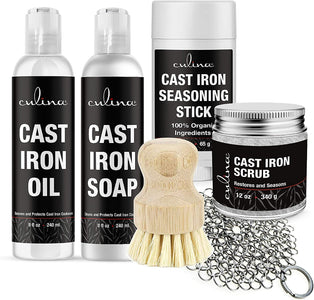 Culina Cast Iron Soap & stick & Conditioning Oil & Stainless Scrubber &Restoring Scrub & brush | All Natural Ingredients | Best for Cleaning, Non-stick Cooking & Restoring | for Cast Iron Cookware - LivanaNatural 