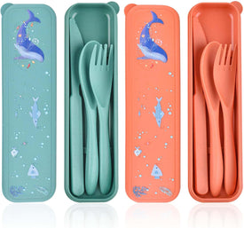 Reusable Utensil Set with Case, 2 Sets Travel Cutlery Set, Wheat Straw Fork Knife Spoon Set, Portable Utensils Set for Camping Picnic Party Work Lunch (Sea Island Cartoon Pattern Design) (Style 2)