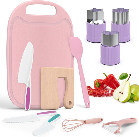 Image of 13 Pieces Montessori Kids Cooking and Baking Set - Kids Knife Set for Real Cooking, Durable Kids Cutting Board, Knife Set, Silicone Spatula, Whisk, Cookie Cutters, Kids Apron, Toddler Kitchen