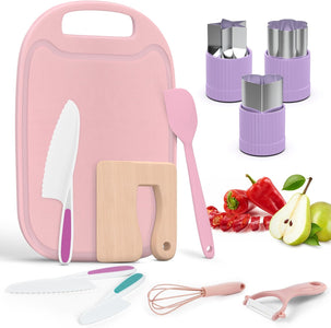 13 Pieces Montessori Kids Cooking and Baking Set - Kids Knife Set for Real Cooking, Durable Kids Cutting Board, Knife Set, Silicone Spatula, Whisk, Cookie Cutters, Kids Apron, Toddler Kitchen
