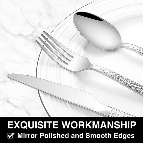 Image of 60-Piece Hammered Silverware Set, Stainless Steel Square Flatware Set for 12, Food-Grade Tableware Cutlery Set, Utensil Sets for Home Restaurant, Mirror Finish, Dishwasher Safe