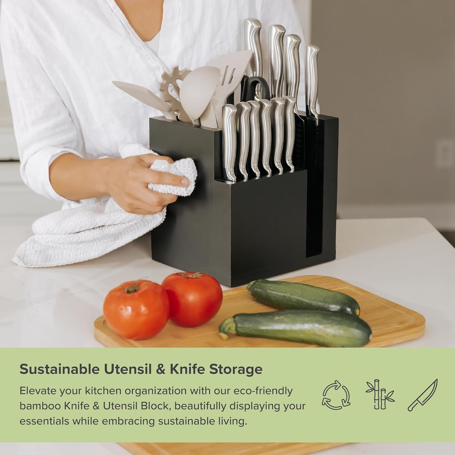 Bamboo Magnetic Knife Block and Cooking Utensil Holder, Sleek Storage for Chefs Knives, Steak Knives, Spatulas, Scissors, Non-Slip Rubber Feet, Easy to Clean, Food-Safe Black Finish