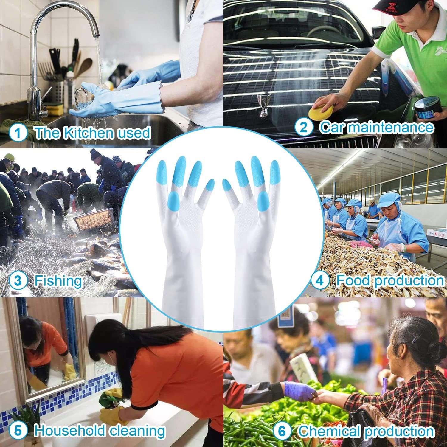 Reusable Dishwashing Cleaning Gloves with Latex Free, Synthetic Rubber Gloves,，Kitchen Gloves 3 Pairs,Green+Blue+Pink