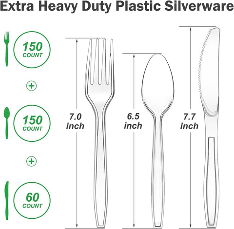 Image of 360 Count Extra Heavy Duty Clear Plastic Silverware, 150 Forks, 150 Spoons, 60 Knives, Bpa-Free, Heat Resistant, Disposable Plastic Utensils Set, Plastic Cutlery Set, Plasticware Bulk for Party