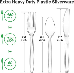 360 Count Extra Heavy Duty Clear Plastic Silverware, 150 Forks, 150 Spoons, 60 Knives, Bpa-Free, Heat Resistant, Disposable Plastic Utensils Set, Plastic Cutlery Set, Plasticware Bulk for Party