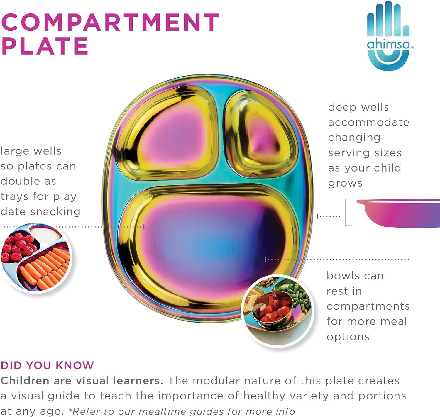 Stainless Steel Dinner Set - 5 Piece Mindful Mealtime Set | Pediatrician Designed Stainless Steel Plates for Kids, Toxin Free Stainless Steel Dinnerware Set | 100% BPA Free (Iridescent Blue)