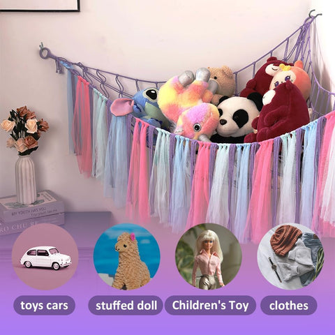 Image of Stuffed Animal Toys Hammock with LED Light, Stuffed Doll Hanging Corner Holder for Home Storage, Large Hanging Net -Display Teddies for Nursery and Kids’ Bedroom, Purple Decor Organizer
