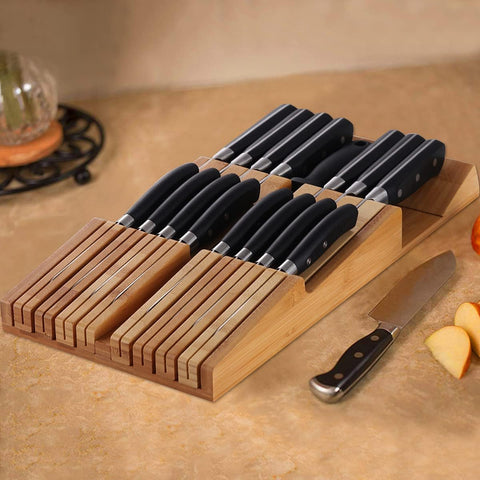 Image of Bamboo In-Drawer Knife Block Set for 16 Knives(Not Included), Large Kitchen Detachable Washable Cutlery Slot Organizer Storage Holder for Sharpening Steel and Cutter