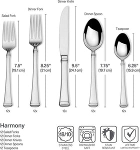5060761 Harmony 65-Piece 18/10 Stainless Steel Flatware Set with Utensil-Serving Set, Silver