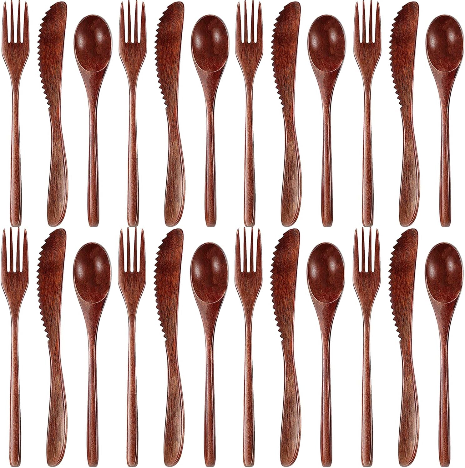 Wooden Utensils for Eating 24 Pcs Wooden Cutlery Set Reusable Cooking Travel Wooden Spoons Forks Lunch Utensils Silverware Set for Lunch Portable Wood Flatware Set for Eating