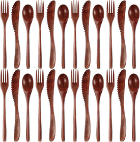 Wooden Utensils for Eating 24 Pcs Wooden Cutlery Set Reusable Cooking Travel Wooden Spoons Forks Lunch Utensils Silverware Set for Lunch Portable Wood Flatware Set for Eating