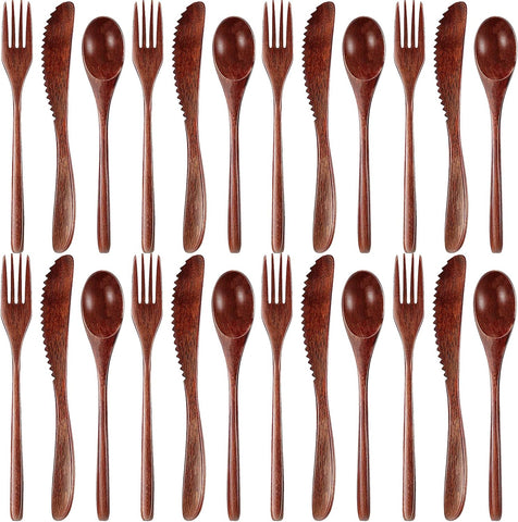 Image of Wooden Utensils for Eating 24 Pcs Wooden Cutlery Set Reusable Cooking Travel Wooden Spoons Forks Lunch Utensils Silverware Set for Lunch Portable Wood Flatware Set for Eating