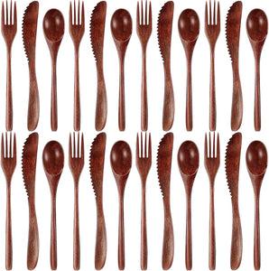 Wooden Utensils for Eating 24 Pcs Wooden Cutlery Set Reusable Cooking Travel Wooden Spoons Forks Lunch Utensils Silverware Set for Lunch Portable Wood Flatware Set for Eating