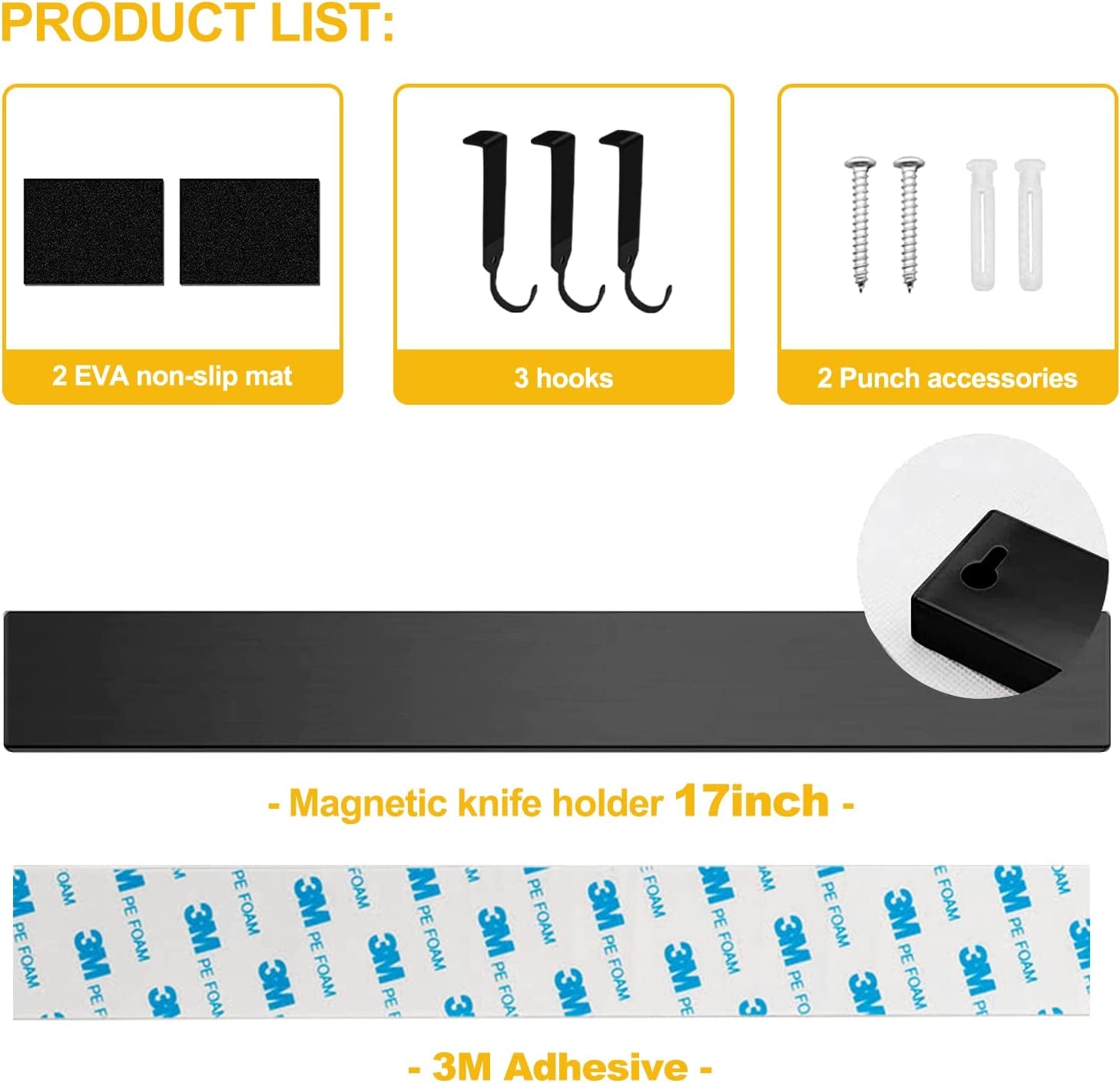 Black Magnetic Knife Strip for Refrigerator - Larger 17 Inch Double Sided Stainless Steel Magnetic Kitchen Knife Holder with Hooks for Wall/Fridge - Strong Knife Strip Magnet/Knife Rack/Knife Bar