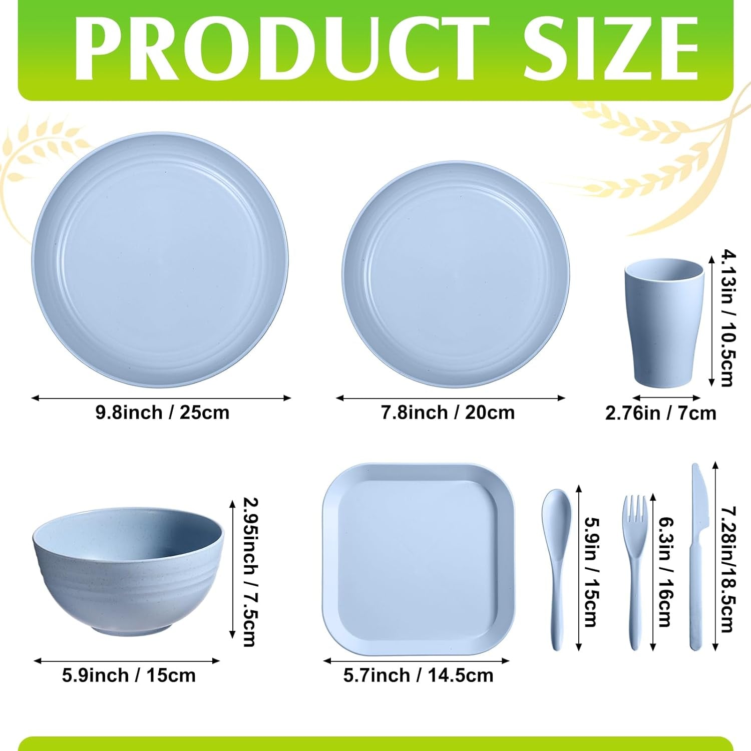 64 Pcs Wheat Straw Dinnerware Sets Unbreakable Plastic Plates Lightweight Bowls Dishes Cups Knives Forks Spoons Cutlery Dishwasher Microwave Safe for Camping Picnic Kid Adult (Classic Colors)