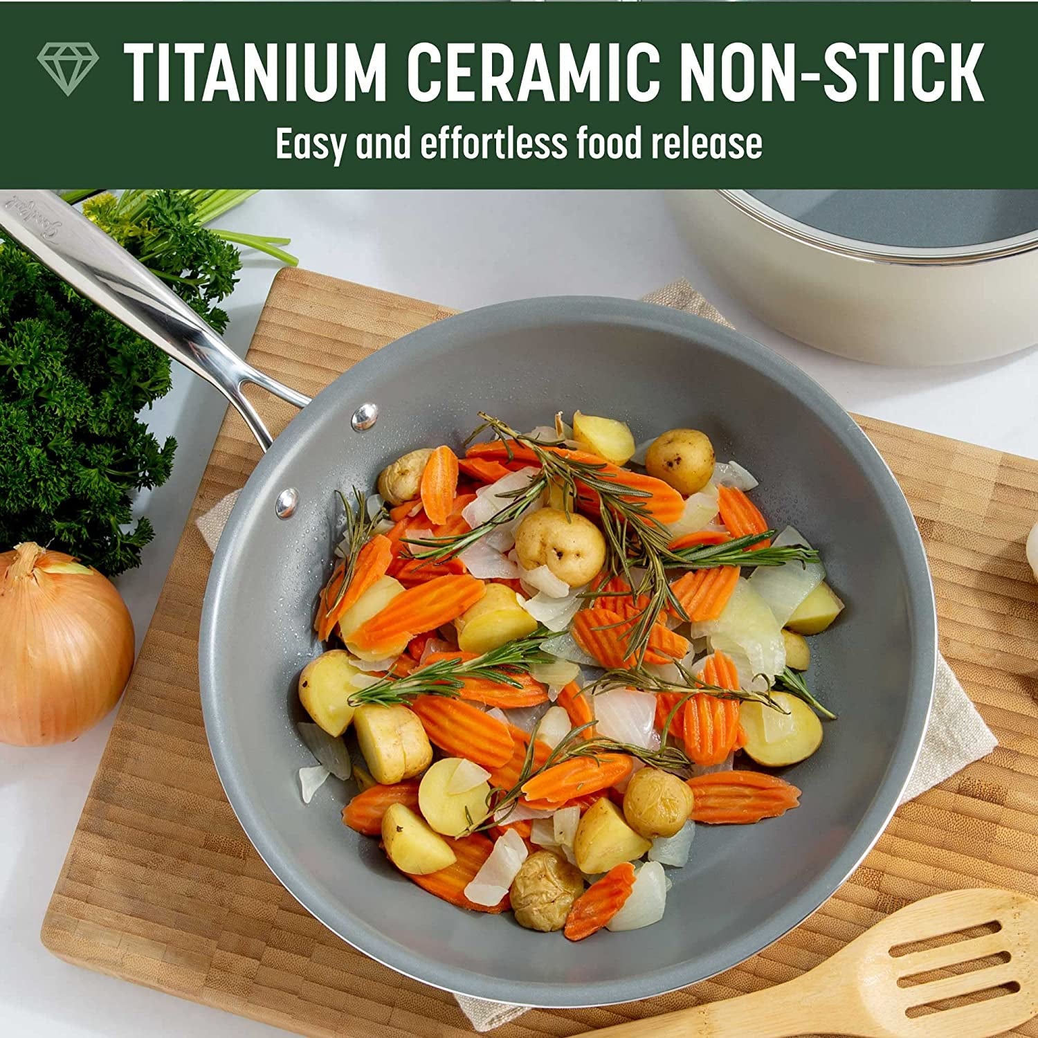 Ceramic Nonstick Pots and Pans Set, Titanium-Reinforced Premium Nonstick Coating, Dishwasher Safe Pots and Pans, Tempered Glass Steam Vented Lids, Stainless Steel Handles, 12-Piece, Cream