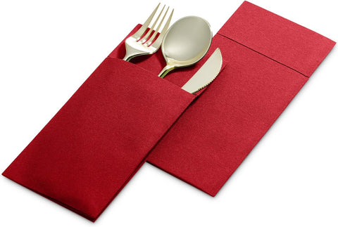 Image of Disposable Linen-Feel Dinner Napkins with Built-In Flatware Pocket, 50-Pack BRIGHT RED Prefolded Cloth like Paper Napkins for Dinner, Wedding or Party [Silverware NOT Included]