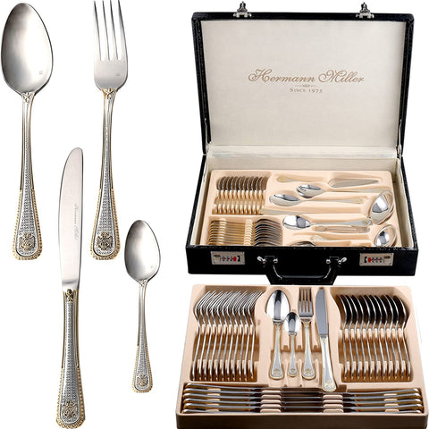 Image of Royal Family Collection 72 Piece Fine Flatware Silverware Set with Gift Carrying Case, Elegant Design, Serves Parties 12 People, Perfect Housewarming Graduation for Loved Ones, Gold