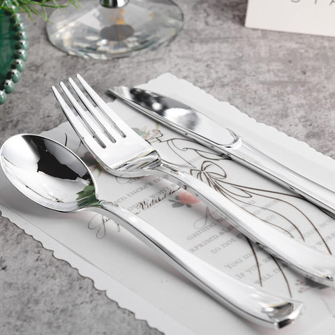 Image of 120PCS Silver Plastic Silverware, Silver Plastic Cutlery Set Disposable Flatware Dinnerware -60 Silver Forks, 30 Silver Spoons, 30 Silver Knives for Wedding, Party, Daily Use Silver Utensils