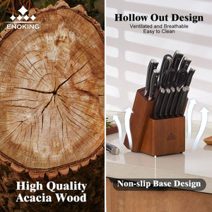 15 Slots Universal Knife Block, Acacia Wood Knife Block without Knives, Knife Holder for Kitchen Counter- Wider Angled Openings for Keeping Knives Sharp