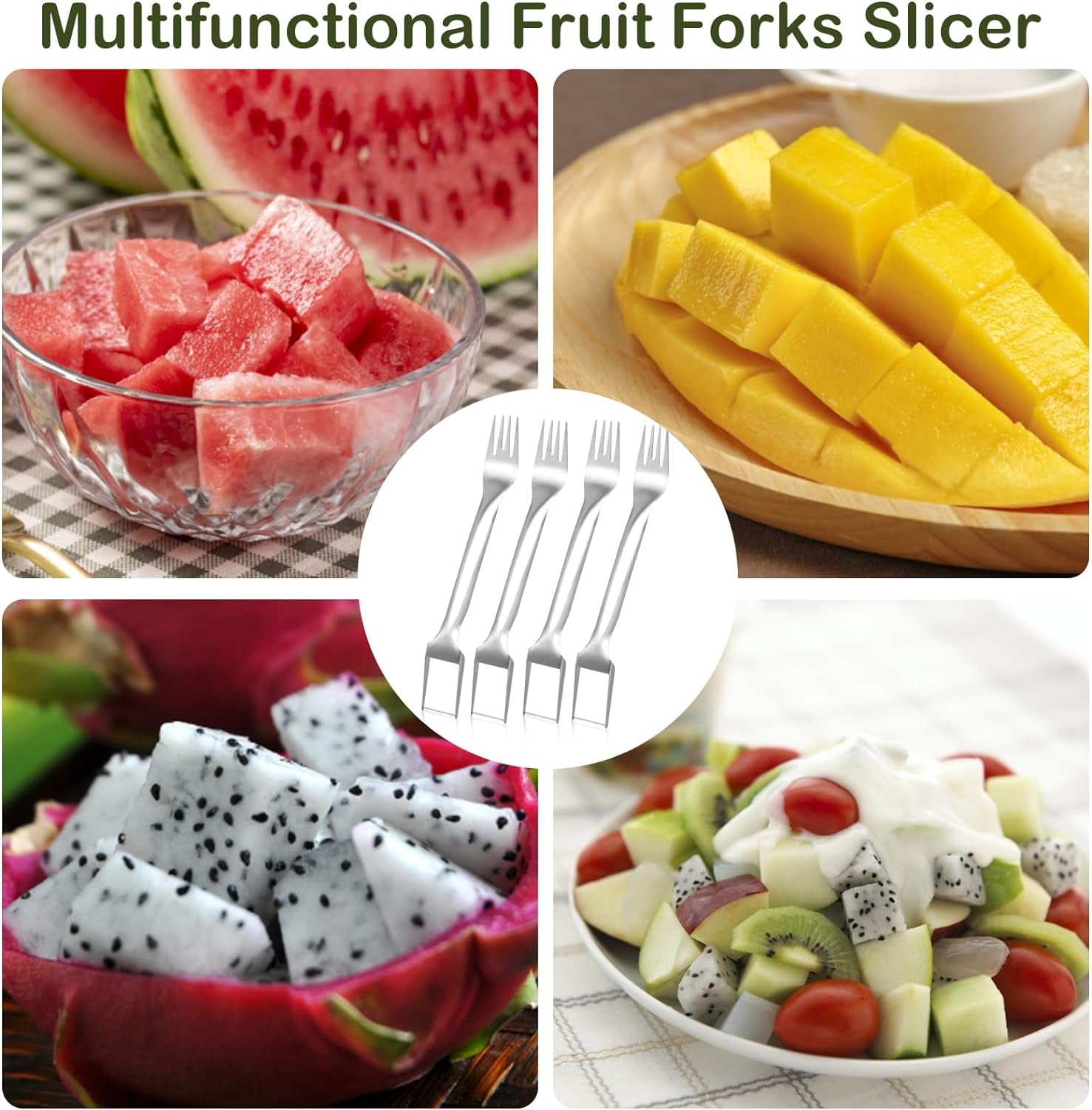 4 Pcs Watermelon Fork Slicer Cutter, Stainless Steel 2-In-1 Watermelon Fork Slicer, Portable Watermelon Fork Watermelon Cutter Slicer Tool Fruit Forks Slicer for Home Party Camping Kitchen Gadget