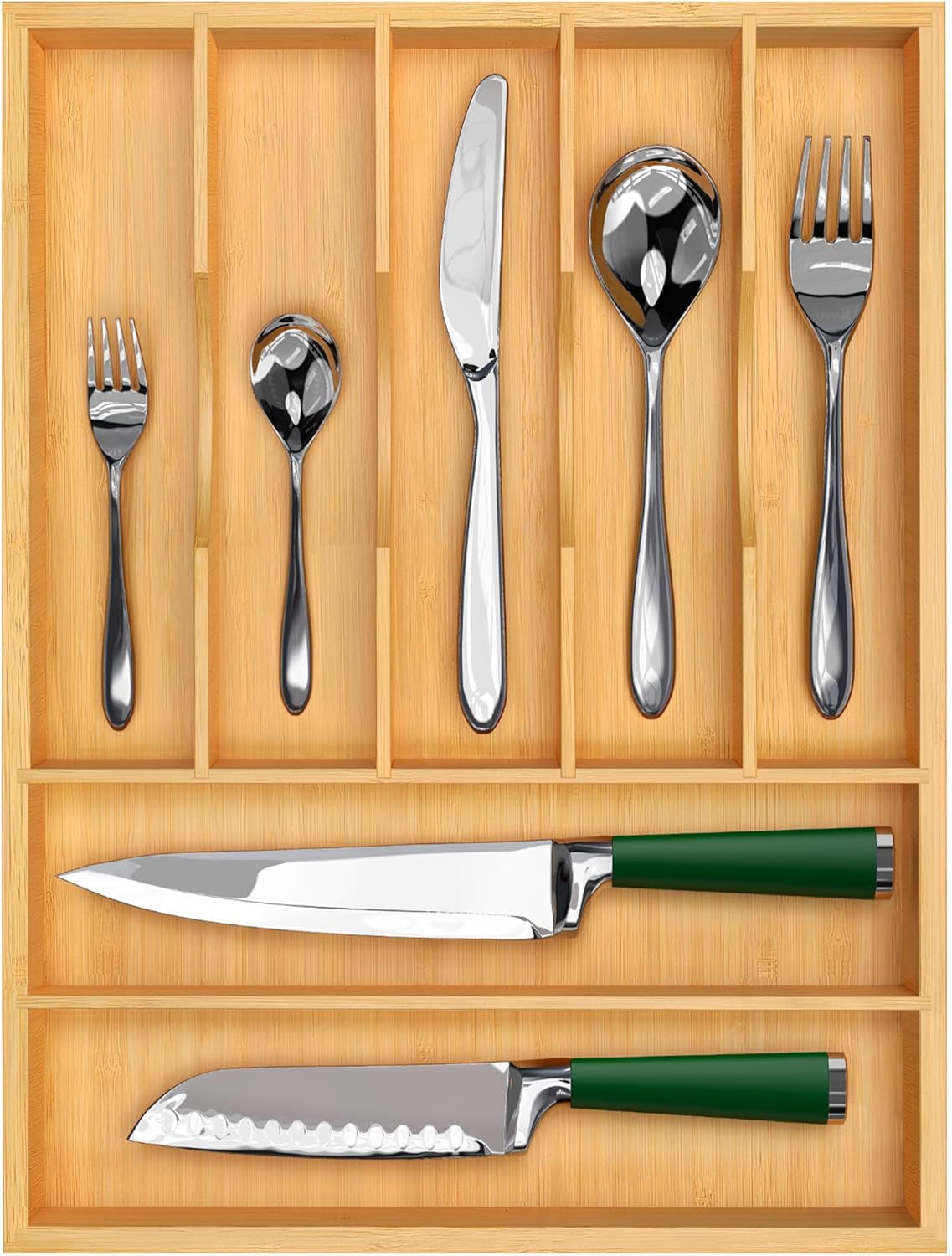 Luxury Bamboo Utensil Rack and Silverware Organizer, Kitchen Drawer Organizer - Utensil Holder and Cutlery Tray with Grooved Drawer Dividers for Flatware 7 Slot, Natural