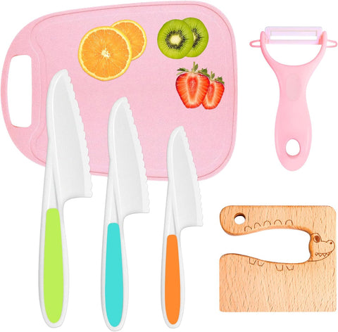 Image of 6Pcs Kids Kitchen Knife Set, Wooden Kids Knives, Plastic Kids Kitchen Knives with Crinkle Cutte, Peeler and Cutting Board, Nylon Toddler Cooking Knives for Salad, Fruits,Cake, Bread