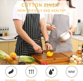 2 Pieces Kitchen Cooking Aprons, Cotton Polyester Blend Adjustable Bib Aprons with 2 Pockets for Women Men Chef Chef (Black/Brown Stripes, 2)