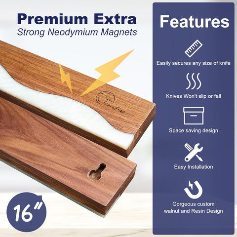 Image of Magnetic Knife Holder for Wall, 16 Inch Knife Magnetic Strip, Powerful Walnut Wood Magnetic Knife Holder for Refrigerator Use as Knife Bar, Knife Holder for Kitchen Knives & Tools