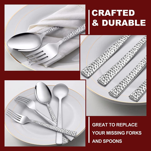 Image of 24-Piece Hammered Forks and Spoons Silverware Set,  Stainless Steel Square 12 Dinner Forks and 12 Dinner Spoons, Modern Metal Flatware Cutlery for Kitchen and Restaurant, Dishwasher Safe-7.9 Inch