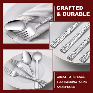 24-Piece Hammered Forks and Spoons Silverware Set,  Stainless Steel Square 12 Dinner Forks and 12 Dinner Spoons, Modern Metal Flatware Cutlery for Kitchen and Restaurant, Dishwasher Safe-7.9 Inch