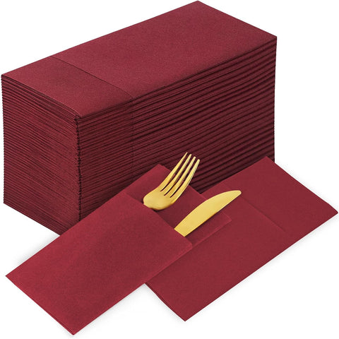 Image of 100 Pack Disposbale Burgundy Cloth like Paper Dinner Napkins Folded,Premium Thick Paper Napkins Build in Flatware Pocket,Long Hand Paper Towel for Party Christmas Wedding Bathroom and Events