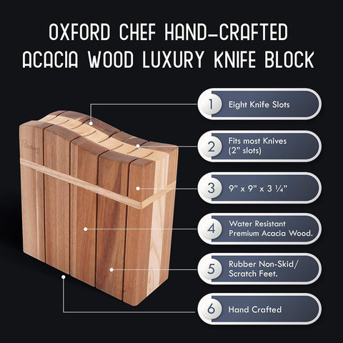 Image of Wooden Kitchen Knife Block - Luxury Hand-Crafted Acacia Wood 8 Slot Storage Block. Can Hold 8 Knives up to 9" Long. Non-Skid, Non-Scratch Rubber Feet