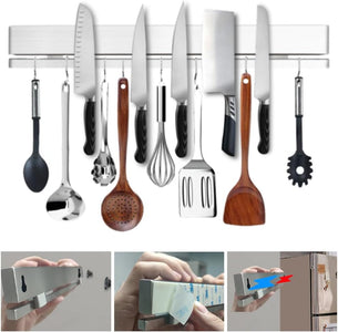 17 Inch Magnetic Knife Holder for Wall or Refrigerator - Adhesive Magnetic Knife Strip for Fridge - 304 Stainless Steel Magnet Knife Bar Rack for Kitchen Utensils, Knives, and More- 12 Hooks -No Drill