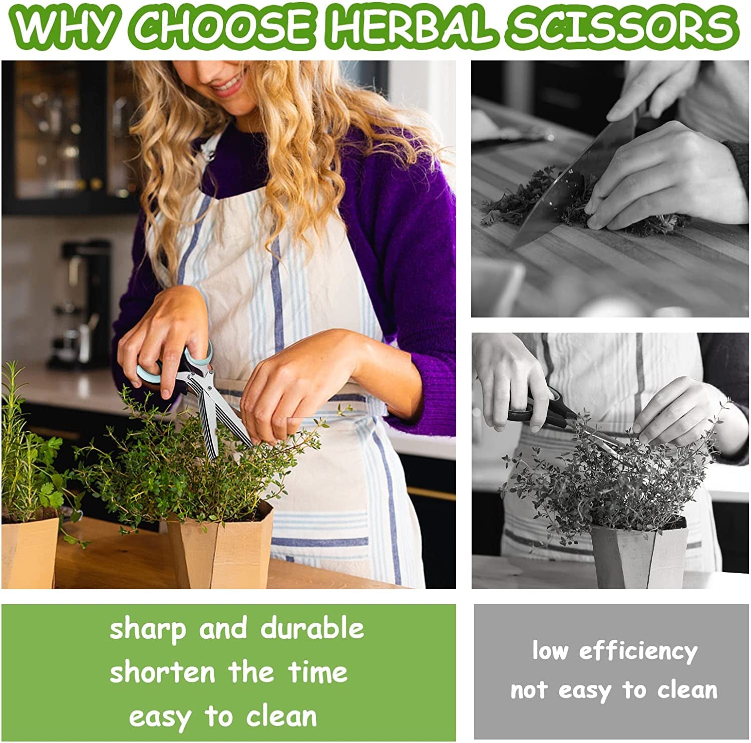 2 Pcs Herb Scissors, Multi-Blade Herb Scissors with Cover and Cleaning Comb, Stainless Steel Vegetable Scissors for Cutting Cilantro Onion Salad Garden Herbs, Heavy Kitchen Scissors (Green) (Blue)