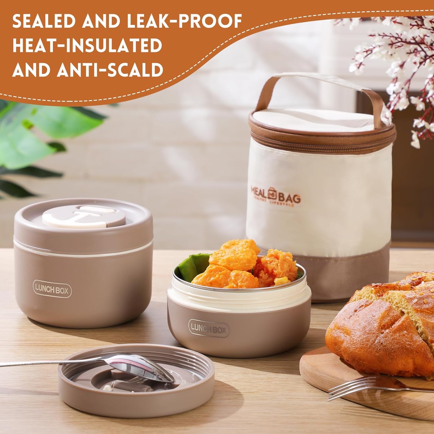 2 Pcs Insulated Lunch Containers Thermal Bento Box with Bag Fork Knife Microwavable Stainless Steel Lunch Box 15.2 Oz 22 Oz Separate Stackable Thermal Food Jar for Adult Kids Men Women(Khaki)