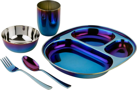 Stainless Steel Dinner Set - 5 Piece Mindful Mealtime Set | Pediatrician Designed Stainless Steel Plates for Kids, Toxin Free Stainless Steel Dinnerware Set | 100% BPA Free (Iridescent Blue)