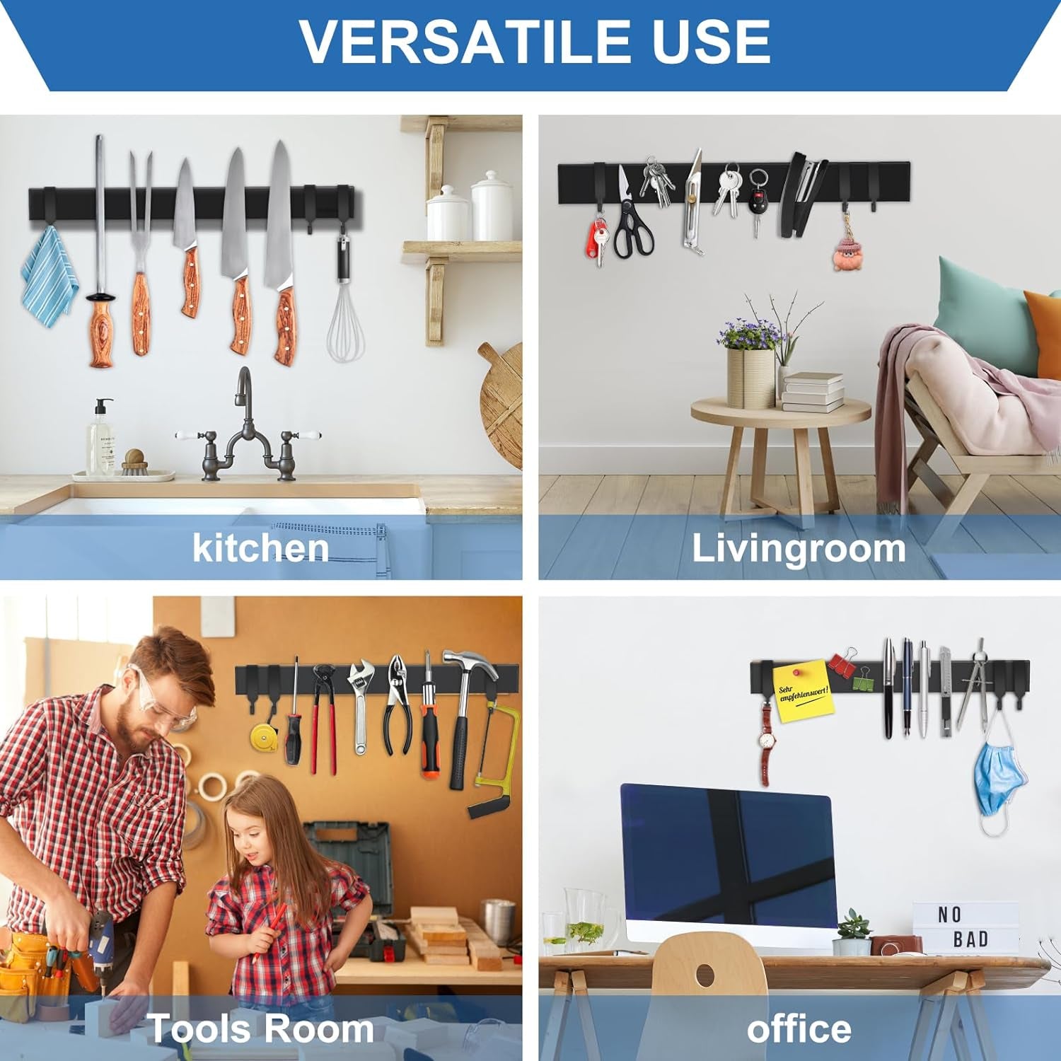 Magnetic Knife Holder for Wall 17 Inch, No Drilling Black Knife Magnetic Strip with 3 Hooks, Strong Magnet Knife Holder Strip, Magnetic Knife Rack Bar for Kitchen Knives and Tools