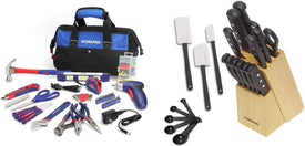 125-Piece Household Tool Kit & Farberware 22-Piece Never Needs Sharpening Triple Rivet High-Carbon Stainless Steel Knife Block and Kitchen Tool Set, Black