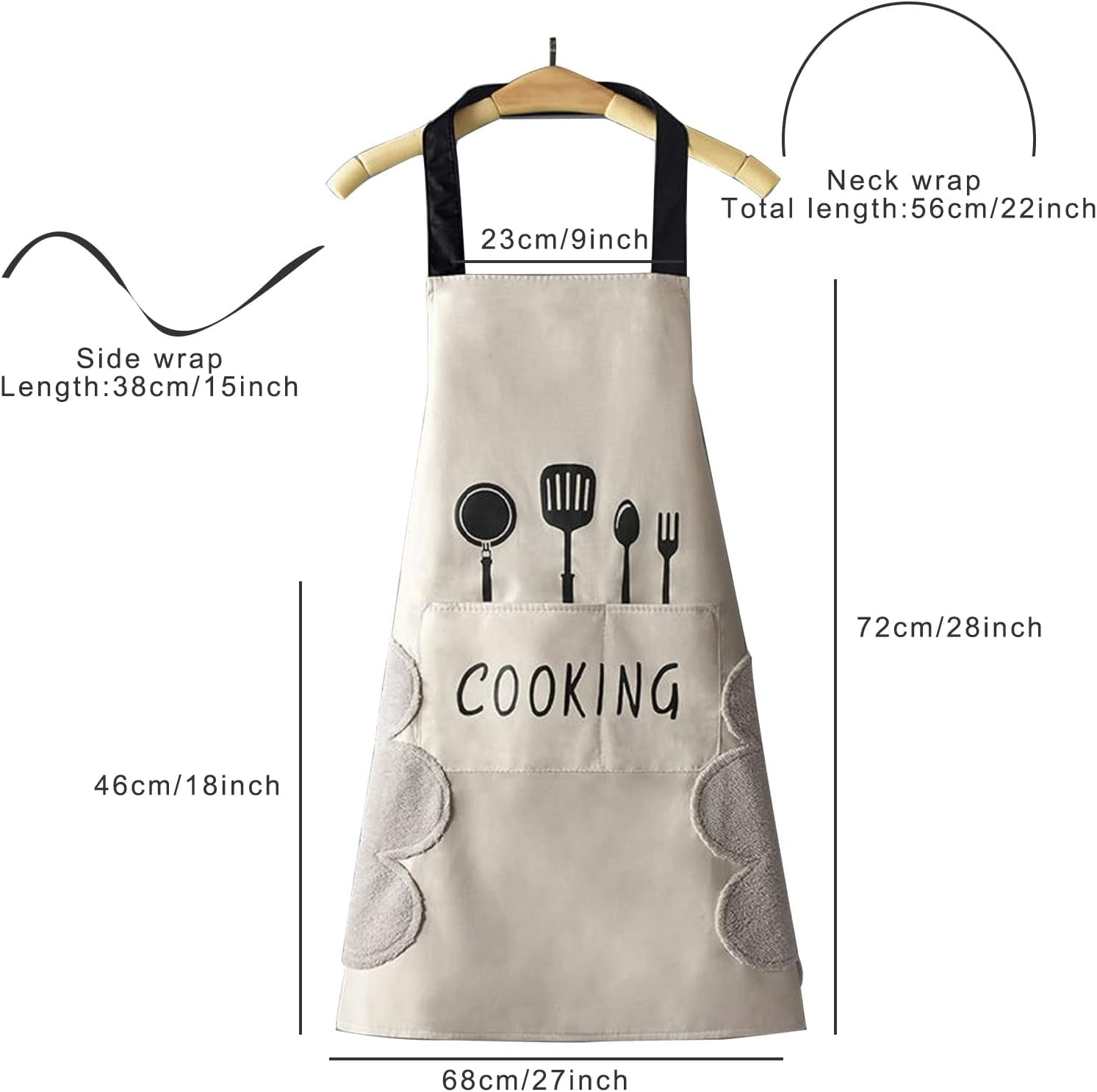 Women Kitchen Apron with Hand Wipe Pockets，Big Pocket,Hand-Wiping, Waterproof for Cooking Baking