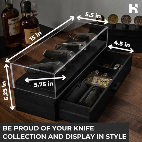 Image of Showcase Your Knives with the Knife Deck – Premium Pocket Knife Display Case for 6 Knives – Elegant Gift for Men – Drawer for Accessories – Wooden Pocket Knife Holder – Lifetime Assurance Included