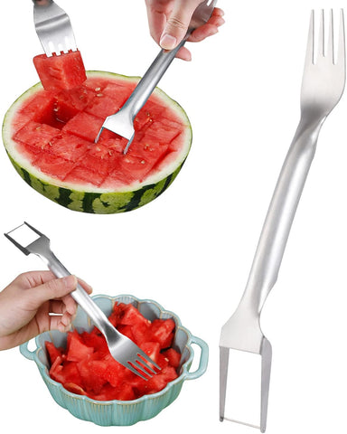 Image of 2-In-1 Watermelon Fork Slicer, Watermelon Slicer Cutter, Stainless Steel Fruit Watermelon Cutter for Family Parties Camping, Professional Fruit Forks Slicer for Watermelon Cubes (1PCS)