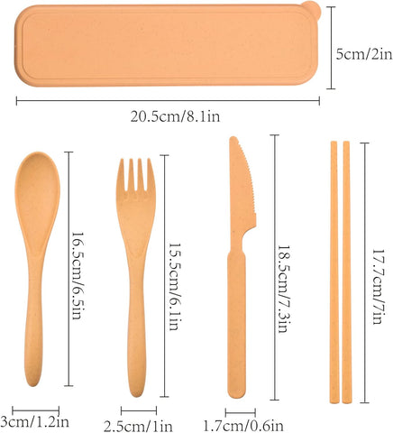 Image of Reusable Utensils Set with Case, 4 Sets Wheat Straw Travel Cutlery Set, Portable Spoon Knife Fork Chopsticks Lunch Box Utensil Set for Kids Adults